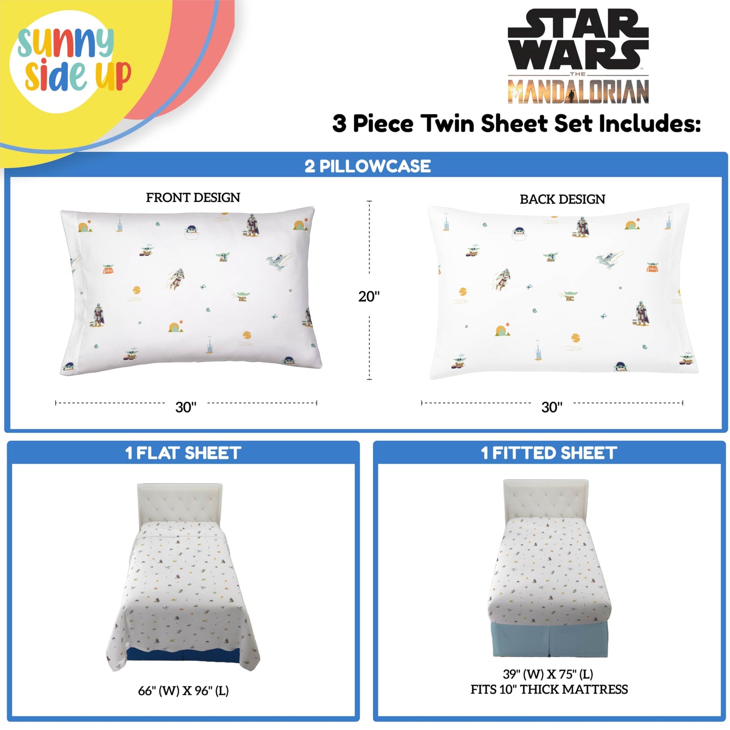 Sunny Side Up Kids Sheet Set with Fitted, Flat Sheets & Pillow Cover - Ultra-Soft Bedding with Pillowcase for Room Decor, White - Star Wars Mandalorian, 3 Piece Twin