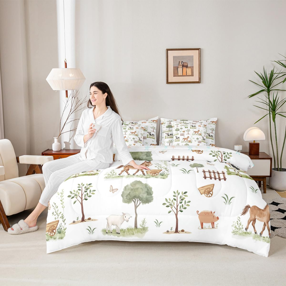 Erosebridal 7 Pcs Cute Farm Animals Kids Comforter Set Cartoon Horse Sheep Cow Pig Twin Bedding Set for Child Rustic Farmhouse Cabin Comforter Woodland Animal Trees Top Sheet for Boys Girls Bedroom