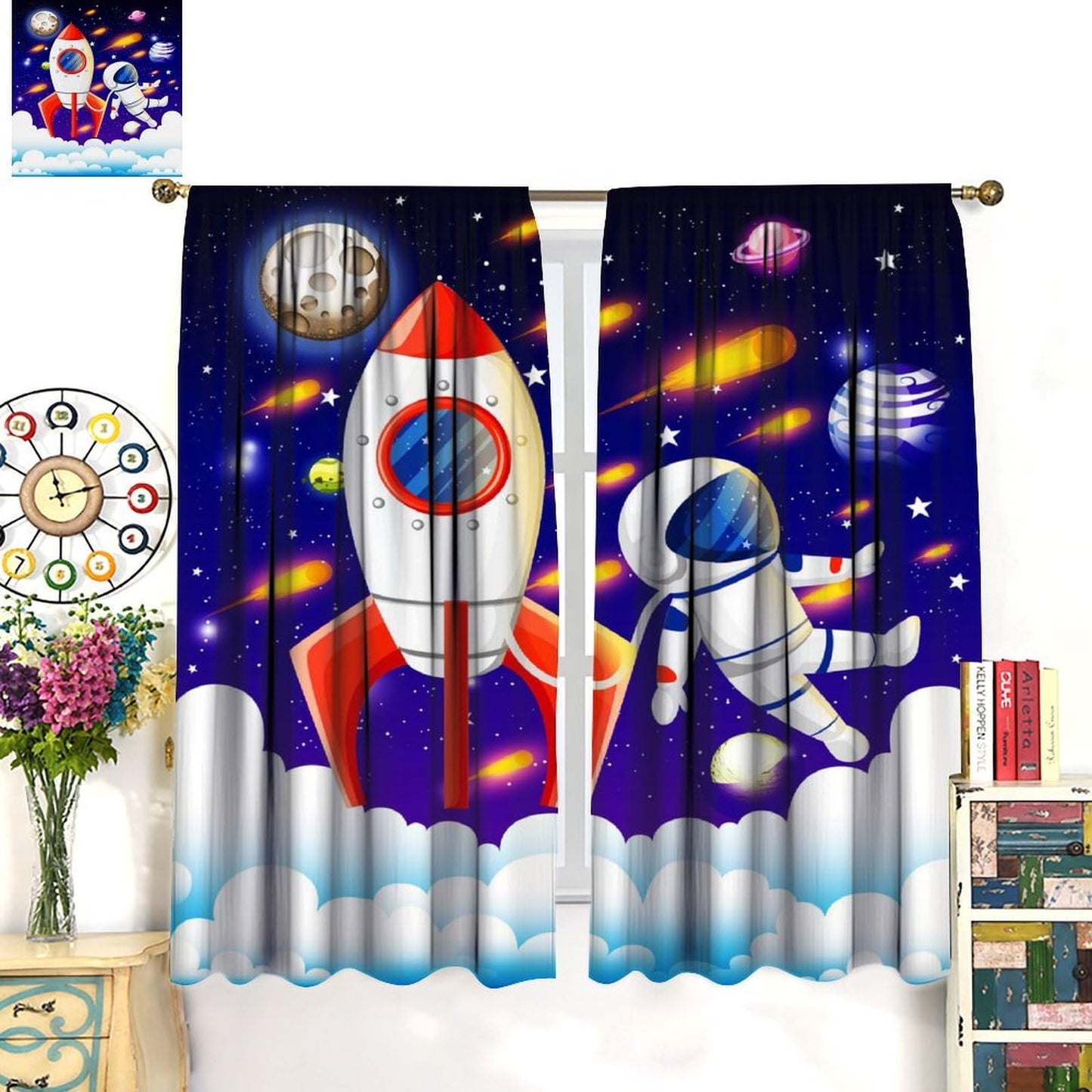 Astronaut Rocket Blackout Curtain for Kids,Cartoon Space Fantasy Universe Solar System Meteorite Planet Earth Galaxy Stars Window Drapes Print for Boys Baby Nursery Bedroom Living Room 63x72inch
