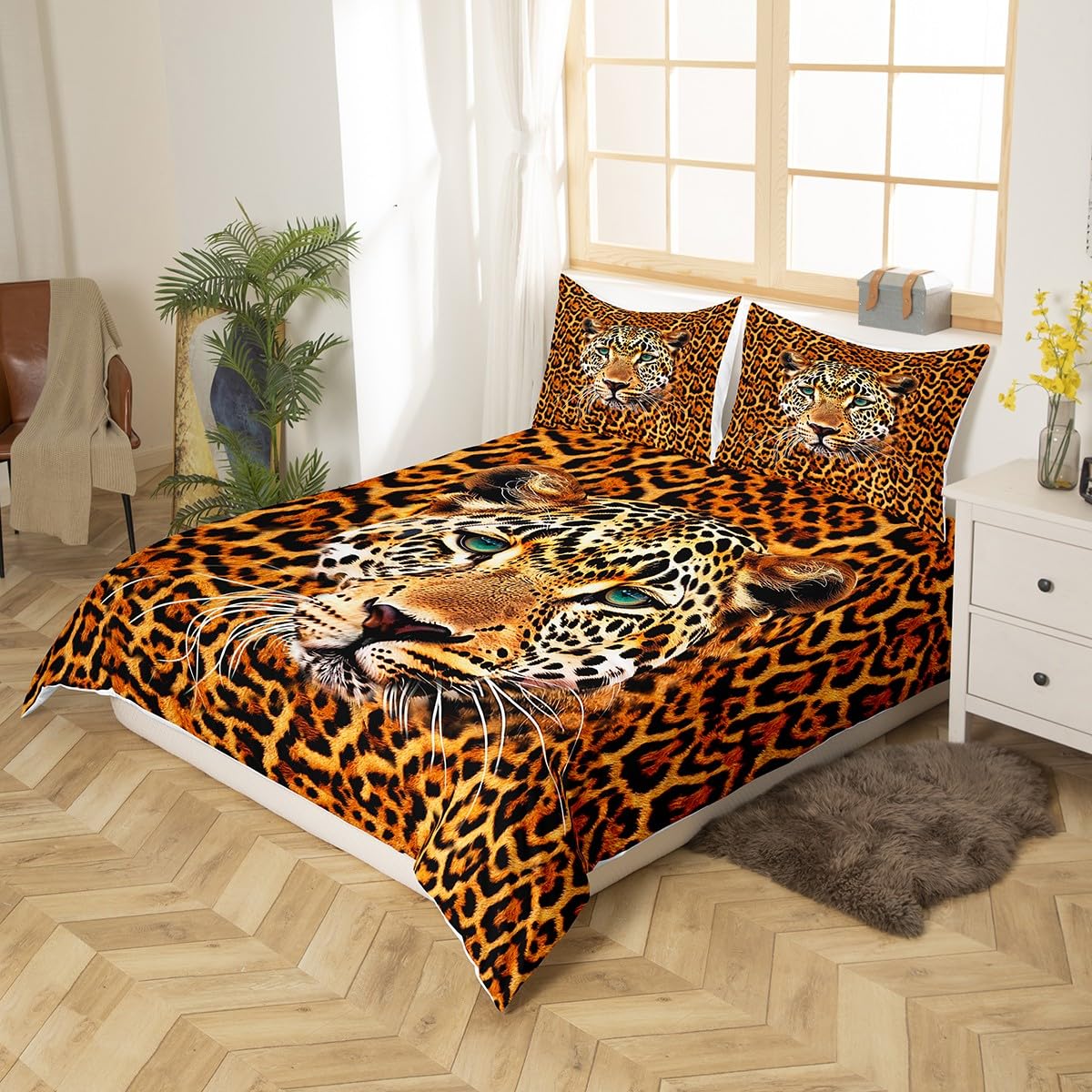 Cheetah Duvet Cover Set King Size,Leopard Print Bedding Set 3pcs for Kids Teens Boys Room Decor, Wild Animal Fur Comforter Cover Brown Quilt Cover with 2 Pillowcases