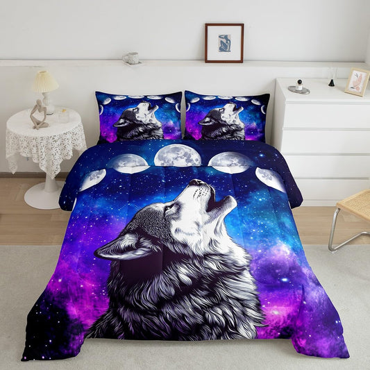 Erosebridal Howling Wolf Quilted Duvet Blue Purple Starry Sky Bedding Set Full Size,Galaxy Series Comforter Set for Child Teens Youth Man,Stars Moon Duvet Filler Wild Animal Themed Room Decor