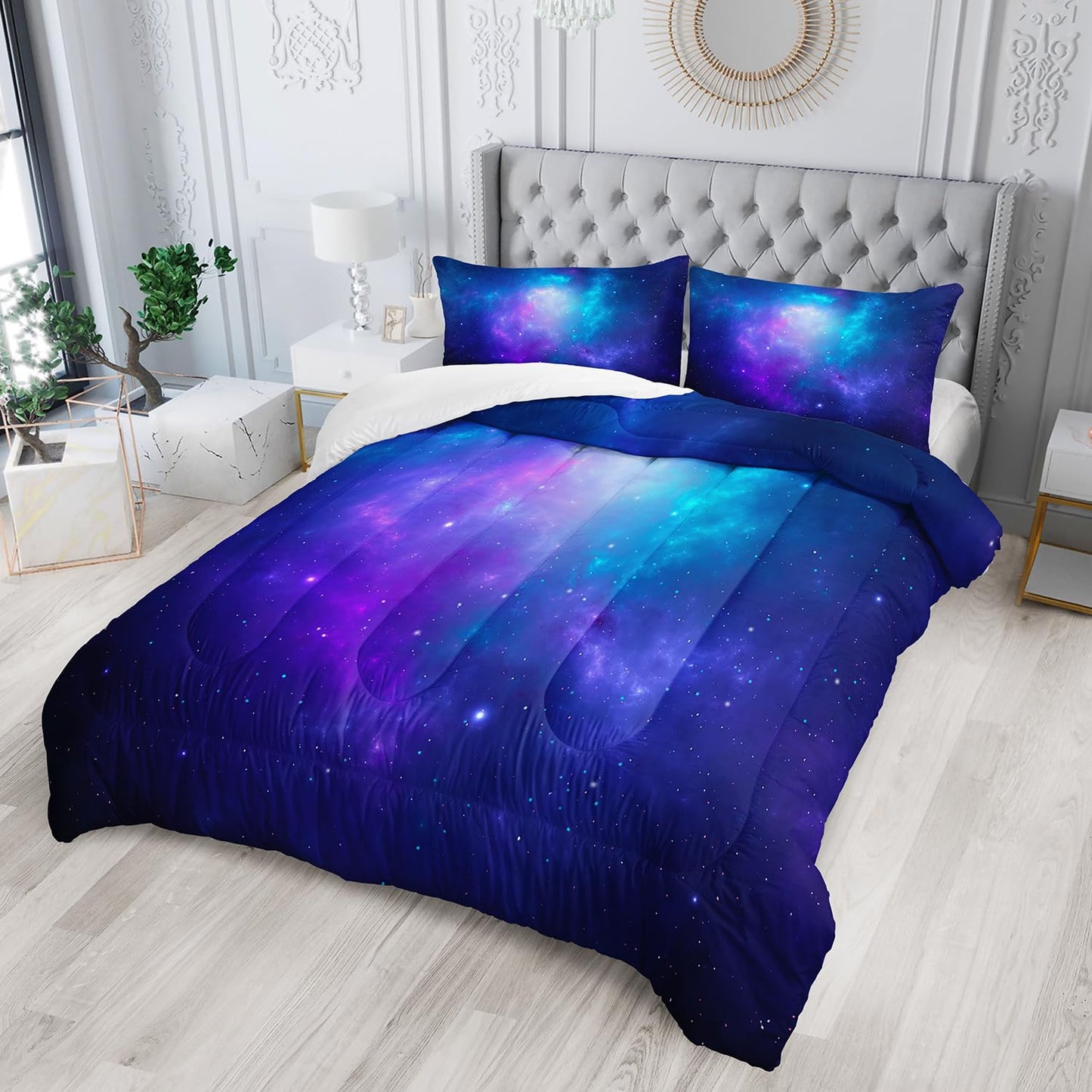 XYNHML Blue and Galaxy Comforter Full Size for Girl Boy Adult 3Pcs Universe Outer Space Starry Sky Bedding Set Psychedelic Space Night Pattern Quilt Bed Set with 2 Pillow Cases