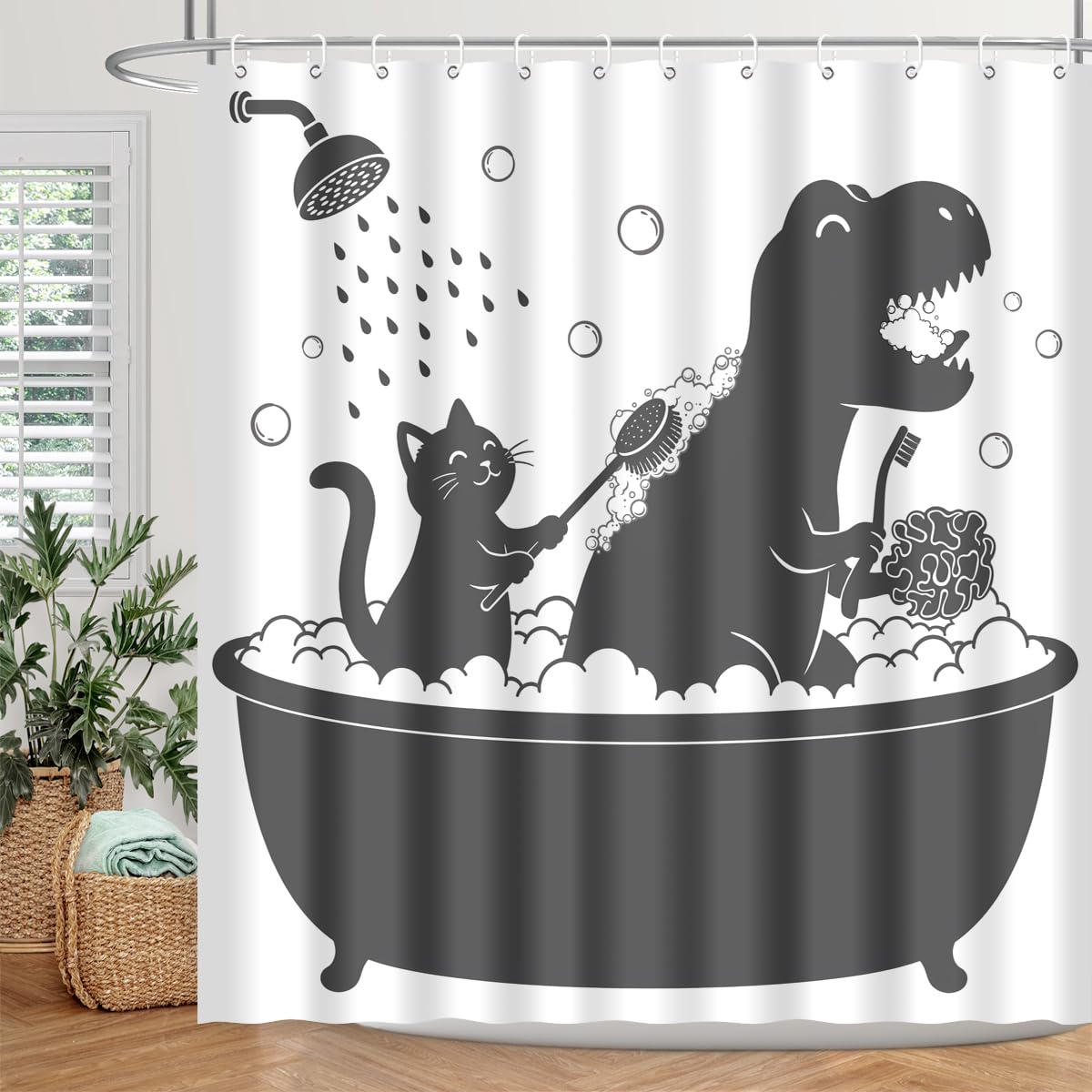 BIYSUC Dinosaur Shower Curtain Funny Dino Cat for Kids Boys Trex Silhouette Animal Shadow Cartoon Black White Bathroom Waterproof Polyester Fabric 72Lx72W Inch with Hooks