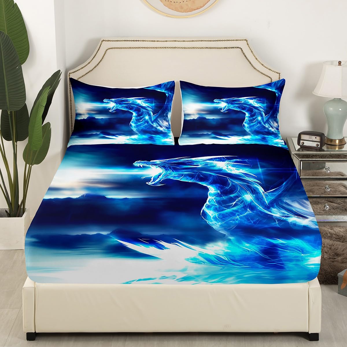 Feelyou Dragon Bed Sheet Set Trippy Western Sheets Set Cool Ice Dragon Bedding Fitted Sheet for Kids Boys Queen Size Includes 1 Sheets & 2 Pillowcases (No Flat Sheet)