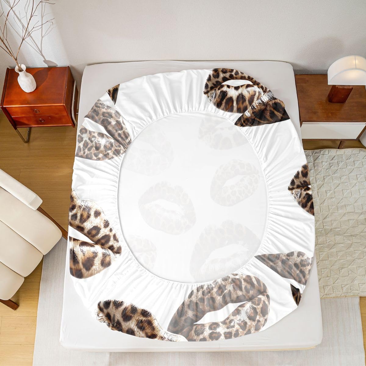 Feelyou Leopard Print Lips Fitted Sheet with 2 Pillowcases Full Size Romantic Kissing Lips Bed Sheets Set 16" Deep Pocket Boys Girls Cheetah Print Bedding Teens Bedroom Decor Soft Microfiber