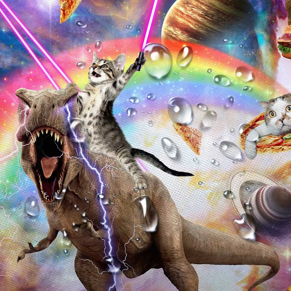 Funny Cat Shower Curtain - Cool Cat Riding Dinosaur on Galaxy Space - Cute Hilarious Anime Fabric Boys Girls Shower Curtain for Bathroom with 12PCS Hooks, 70X70IN