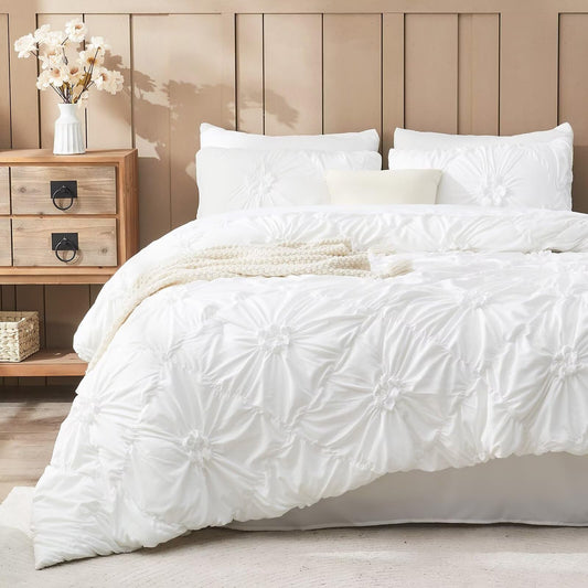Jameswish White Comforter Set Queen Size Bed in A Bag 7 Piece Pinch Pleat Bedding Set,Pintuck Ruched Flowers Bed Set with Comforter, Sheets, Pillowcases & Shams