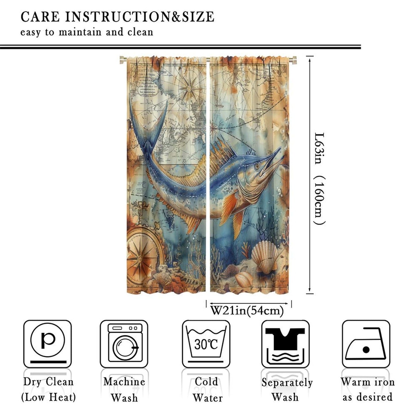 TOWINSFB Nautical Compass Marlin Fish Blackout Curtains, Old Medieval Ocean Map Coral Home Decor Rod Pocket Window Drapes for Living Room Bedroom - 2 Panels, Each 21" W x 63" L