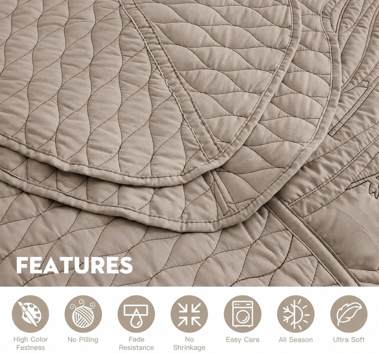 DaisyHuang Botanical Oversized Bedspread King Size - Leaves Pattern Stitching Quilt Set - Elegant & Fresh Style Bedding Coverlets, Reversible, Lightweight, 5 Piece, Taupe