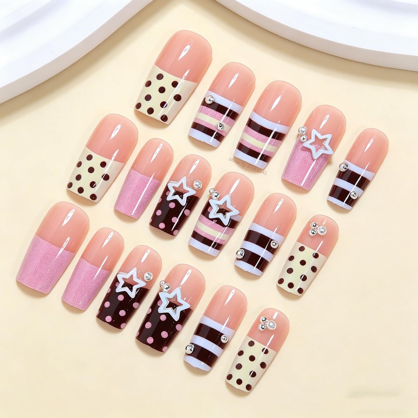 BABALAL Press On Nails, Long Square Fake Nails, Pink Brown with 3D Star Rhinestone & Polka Dot Stripe Design, Y2K Retro Cute Glue On Nails for Women and Girls 24Pcs