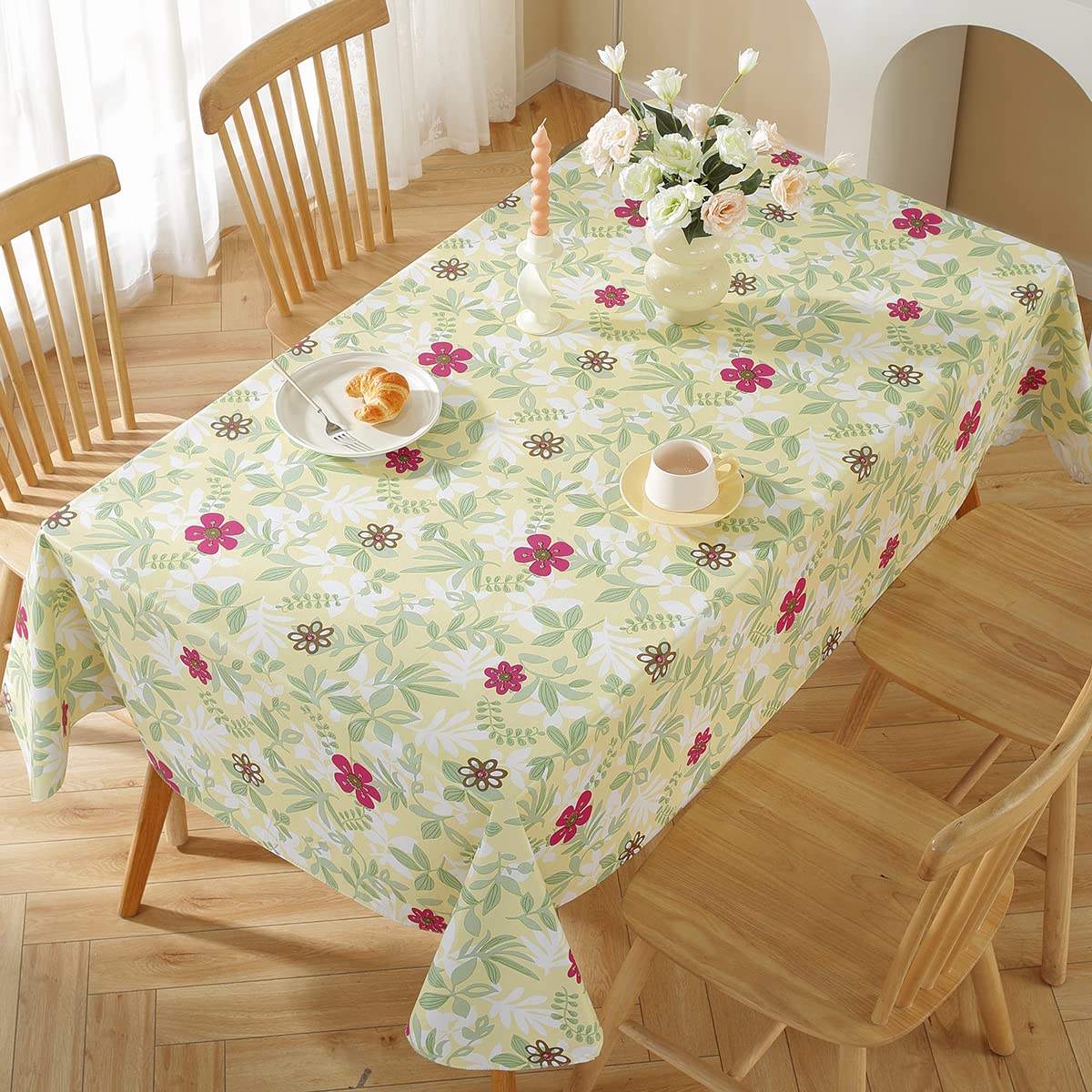 SASTYBALE Spring Summer Vinyl Tablecloth with Flannel Backing Rectangle 52 x 70 Inch, Waterproof Eucalyptus Leaves Table Cloth, PVC Plastic Table Cover for Dining, Party, Picnic, Outdoor