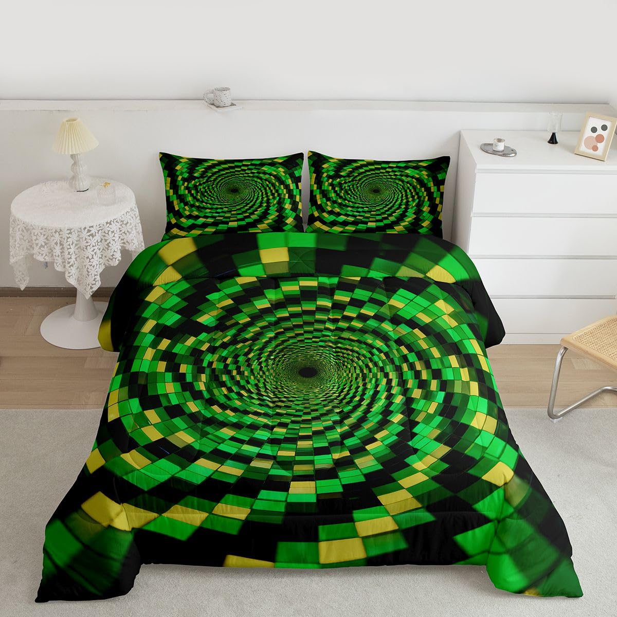 Erosebridal Geometric Grid Patchwork Comforter Set King Abstract Green Plaid Bedding Set Square Print Comforter for Kids Boys Girls,Modern Art Quilt Duvet