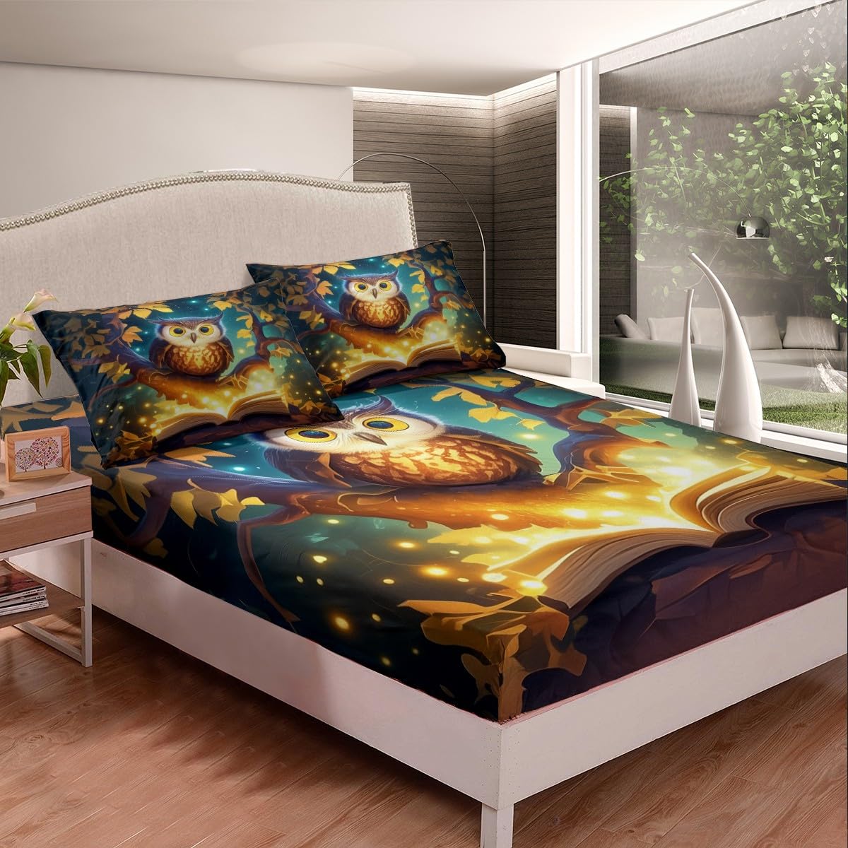 Cartoon Owl Bedding Sets Twin Size,Wild Animals Fitted Sheet 2Pcs for Kids Girls Boys Teens Room Decor,Reading Book Theme Bed Sheet Magical Gold Tree Deep Pocket Sheet,1 Pillowcase