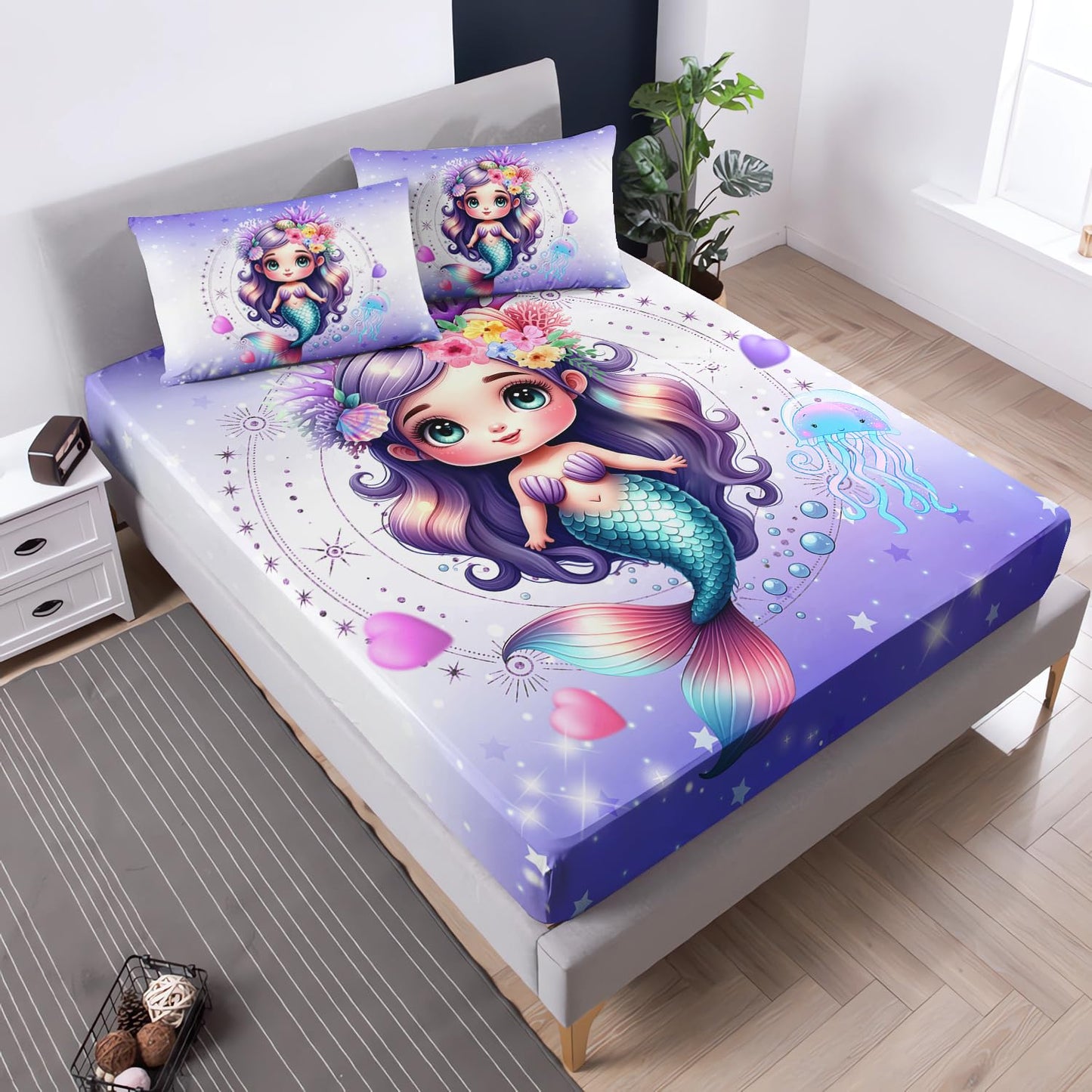 UEVBF Princess Bedding Cute Mermaid Pattern Twin Fitted Sheet Set,Star Jellyfish Ocean Themed Bedding Sets for Kids Toddlers Girls Boys Room Decor,1 Fitted Sheet + 2 Pillowcases.