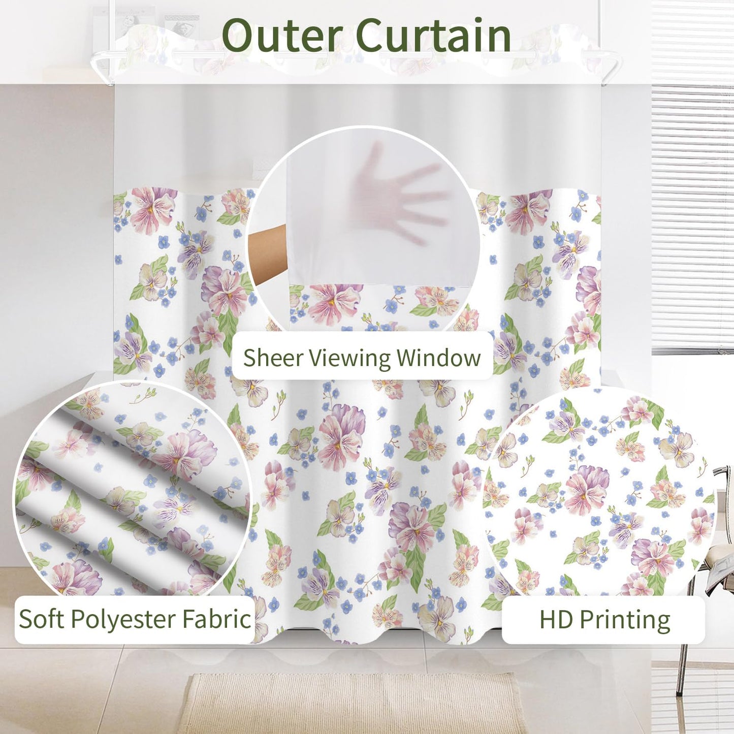 NAEMBCU No Hook Shower Curtain with Snap in Liner Set FYLX00230