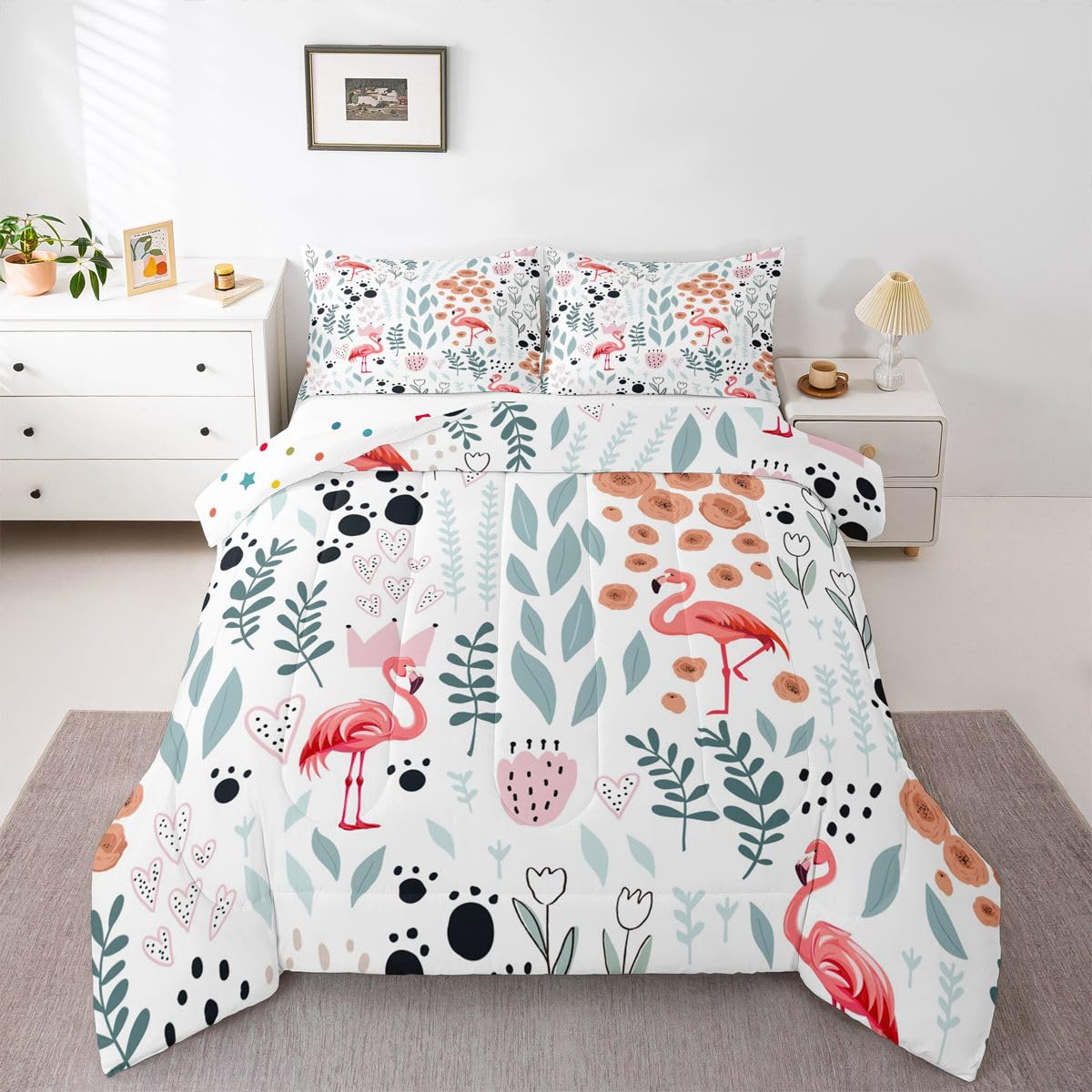 Erosebridal Kawaii Pink Flamingo Bedding Set Twin,Cartoon Flamingo Comforter Set for Kids Girls Boys,Cute Love Heart Leaf Flower Comforter Set,Paw Print Animal Quilt Bed Set with 1 Pillow Case