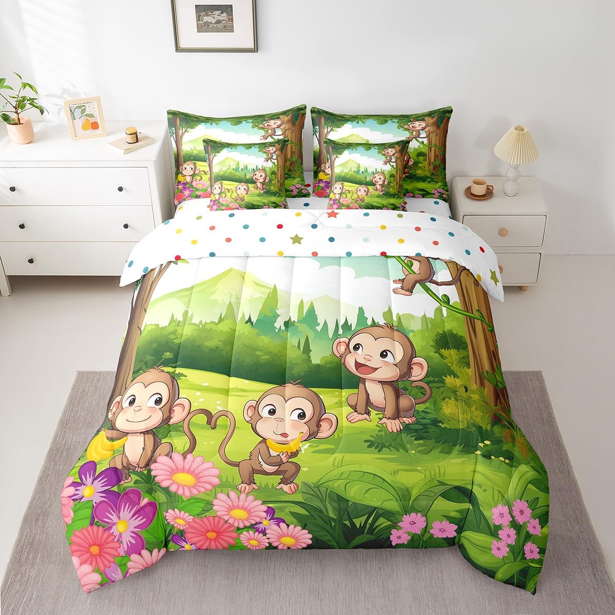 Erosebridal 7 Piece Monkey Bed in a Bag Kids Girls Cute Cartoon Animal Sheet Set Green Nature Plants Floral Decor Bedding Set with Comforter Natural Rustic Garden Theme Cushion Covers, Twin Size