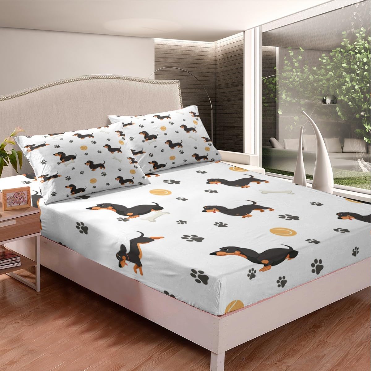 Castle Fairy Cute Dachshund Dog Fitted Sheet King Size,Ball Bones Paw Print Bed Sheet Set Bedroom Decor,House Pet Animal Themed Polyester Bedding Set(1 Fitted,1 Flat,2 Pillowcases)