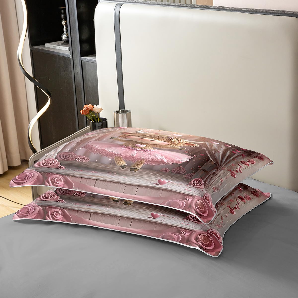 Manfei Cute Cattle 100% Cotton Duvet Cover Set Twin Size, Kawaii Ballet Dancer Bedding Set 2pcs, Pink Flower Heart Print Quilt Cover, Kids Girls Teen Room Decor, 1 Pillowcase,No Comforter