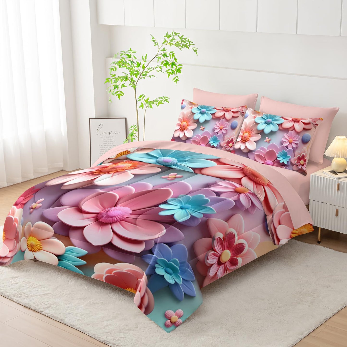 lneffble Pink Floral Comforter Set Queen Size Bed 7 Piece，Quilt Queen Size Bedding Set 7 Piece Farmhouse Blue Floral，(1 Comforter, 1 Flat Sheet, 1 Fitted Sheet, 2 Pillowcase and 2 Pillow Sham)