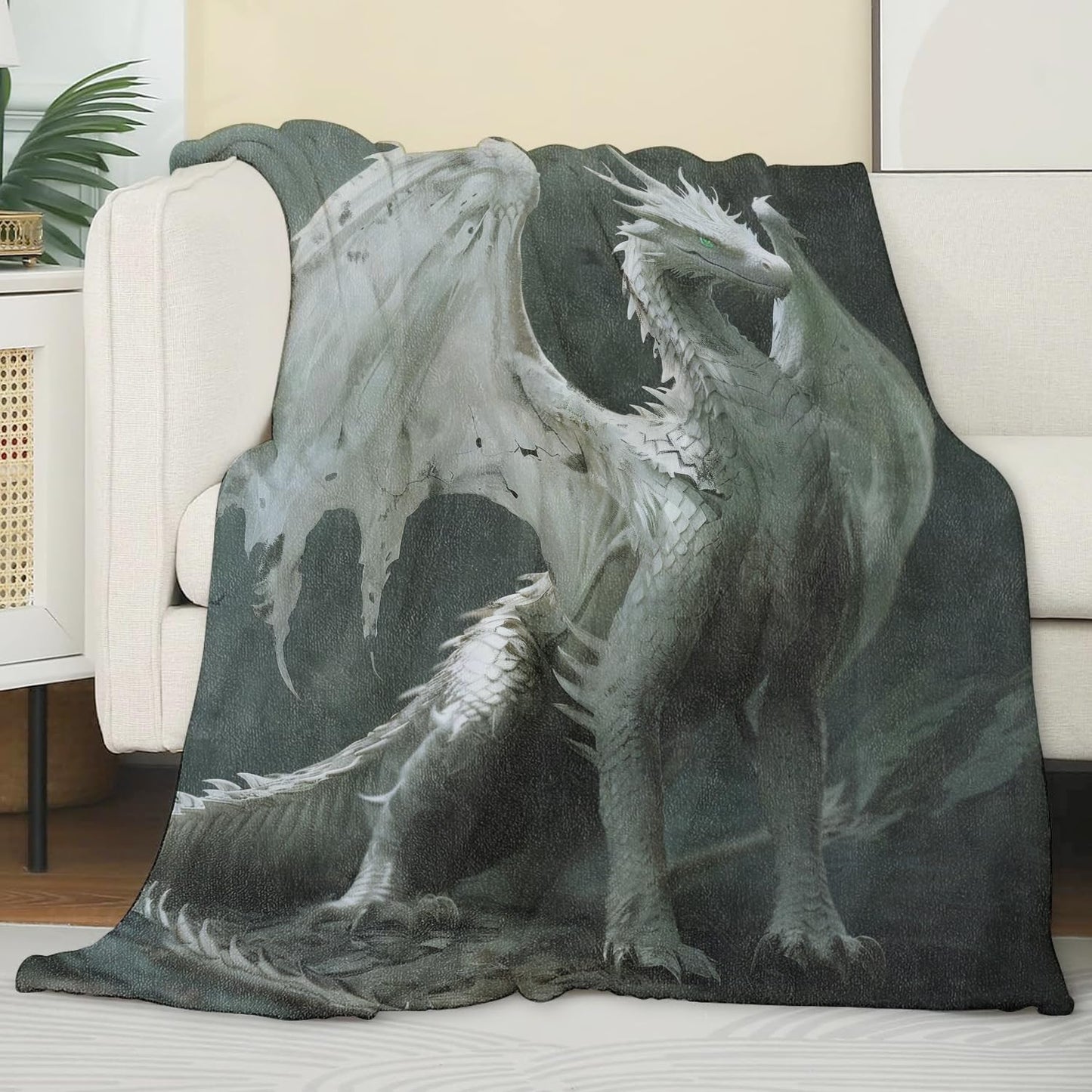 Dragon Blanket Dragon Gifts for Adults Throw Blanket,Dragon Gifts Bedding Decor Flannel Grey White Dragon Throw Blanket,Dragon Stuff Decorations Warm Soft Blanket for Bed Sofa Office 60" x 50"