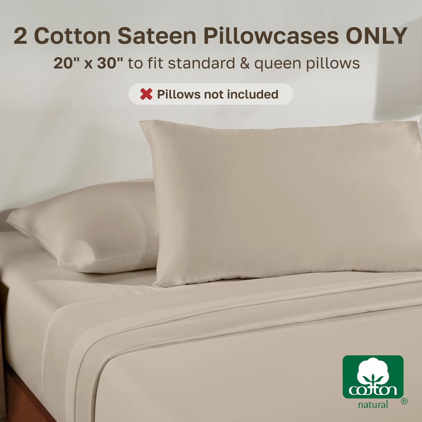 California Design Den 100% Cotton Pillowcases Queen Set of 2 - Natural 100% Cotton, Soft Sateen, Breathable Cotton Pillowcases Standard Size, Fits Standard & Queen Pillows - Oatmeal