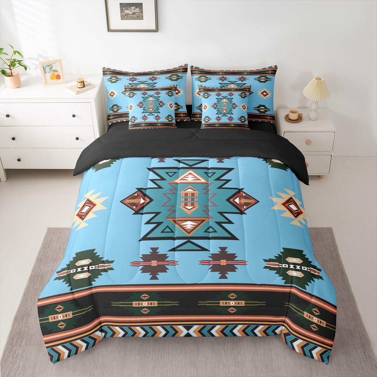 Erosebridal Western Comforter Set 7-Piece Bed in a Bag Twin | Southwest Native Geometric Bedding Sets Exotic Nordic Style Aztec Comforter and Sheet Set, Sriped Diamond Triangle Room Decor,Cyan