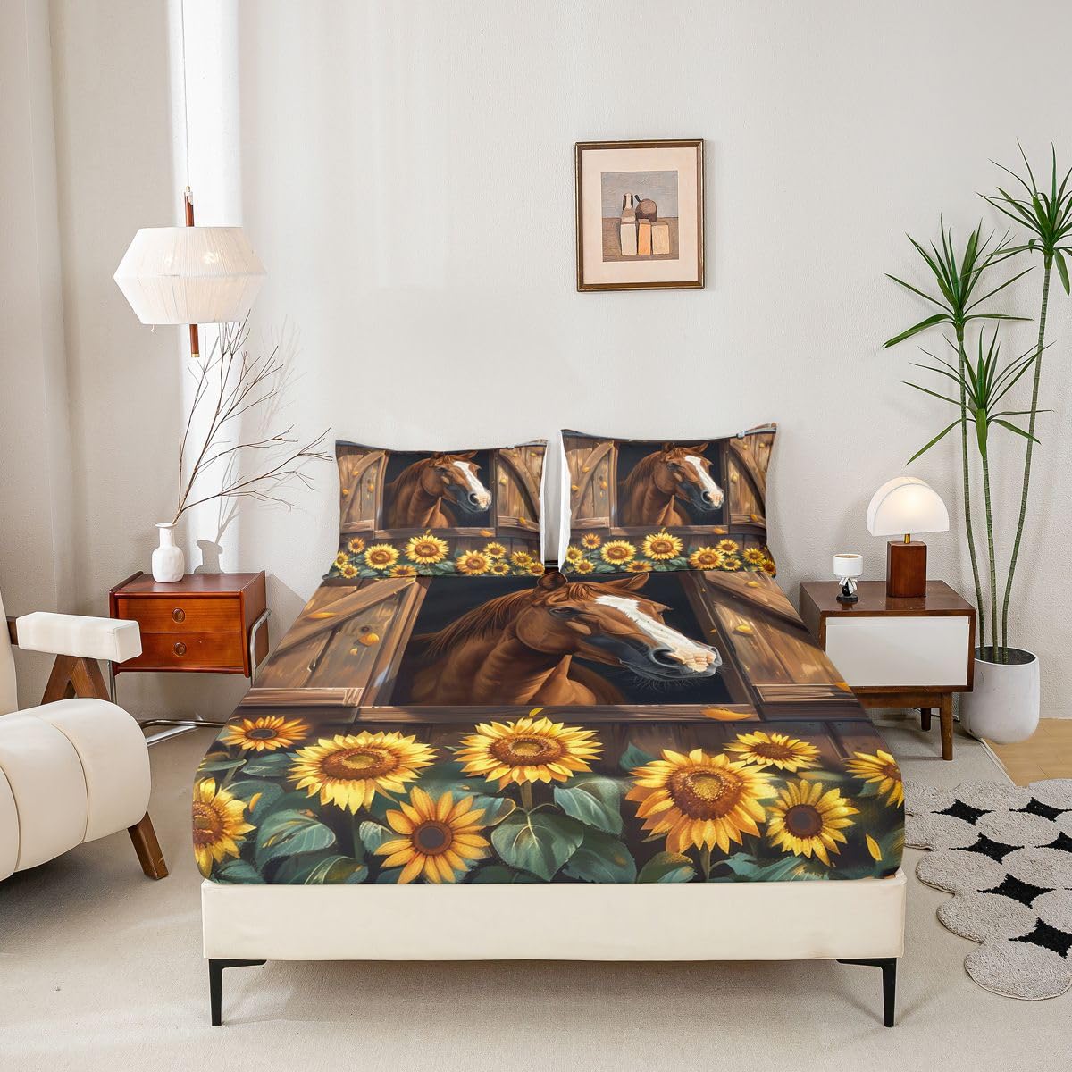 jejeloiu Farm Horse Bed Sheets Set Queen Size Brown Wood Grain Print Bed Set for Kids Boys Girls Sunflower Animal Deep Pocket Fitted Sheet Country Farmhouse Breathable Soft Lightweight Microfiber