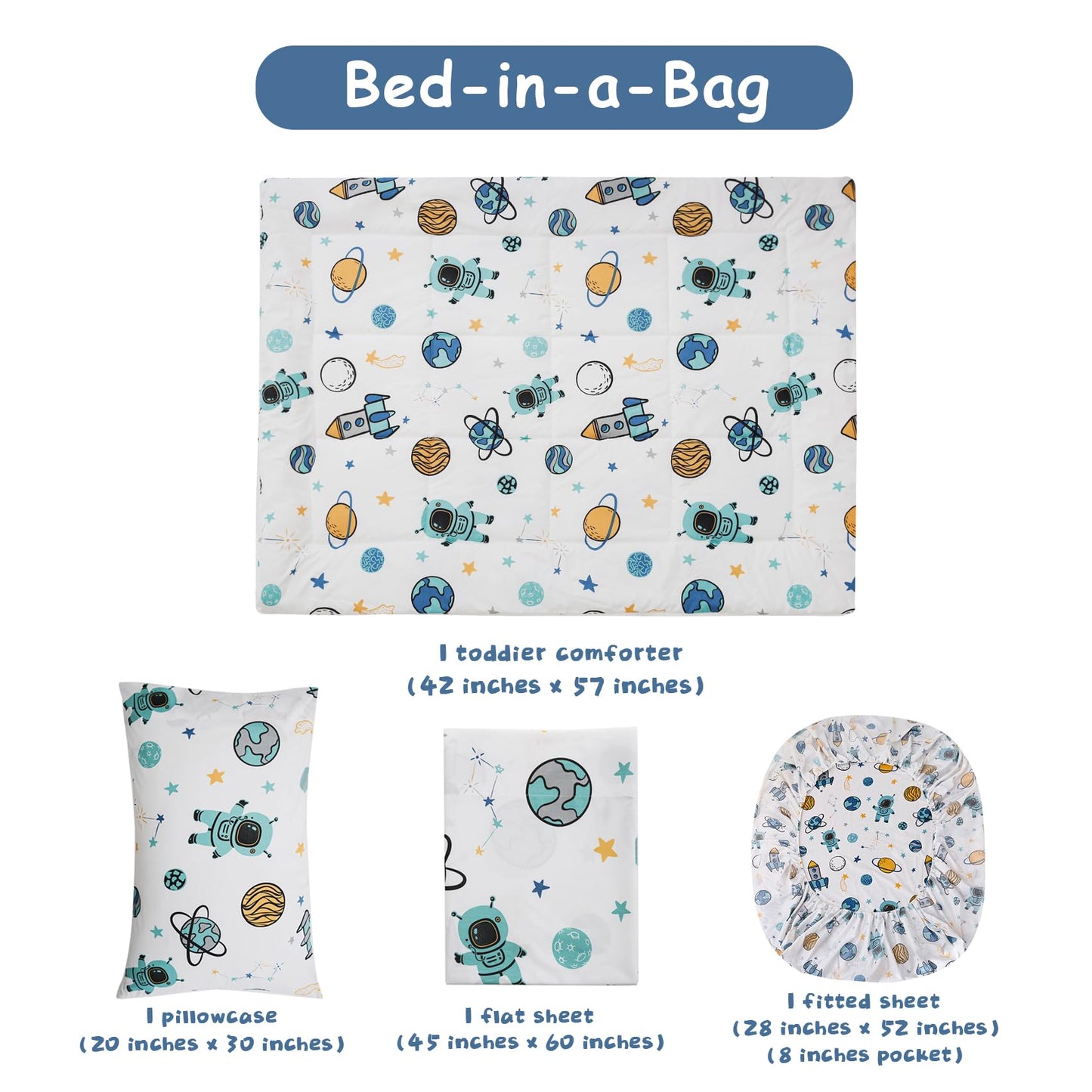 JSD Blue Astronaut Toddler Bedding Set, 4 Piece Space Theme Rocket Bed-in-a-Bag Toddler Comforter Sheet Set, Machine Washable