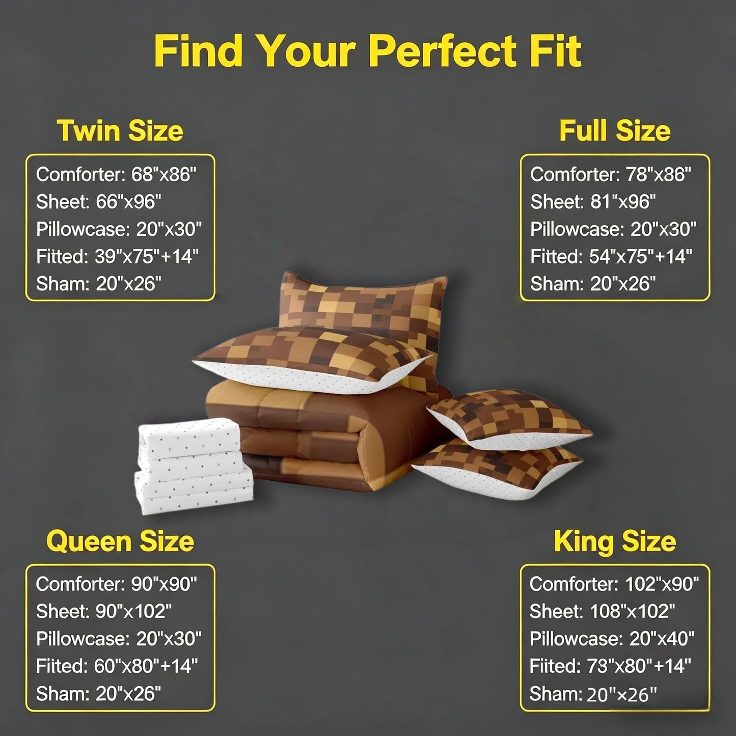 Feelyou Pixel Theme Comforter Set with Sheets 7 Piece Twin Size Geometric Square Bed in a Bag Kids Boys Girls Gamer Bedding Set Mosaic Bedroom Decor Brown Breathable Soft Lightweight Microfiber