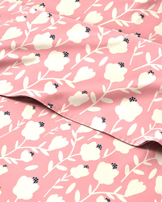 Floral Sheets - Pink & White Bed Sheet Set - 1 Flat, 1 Fitted & 2 Pillowcases w/ Deep Pockets - Comfy, Cozy, Wrinkle & Fade Free - Boho Botanical Bedding - Soft, Breathable & Cooling - Queen Size Set
