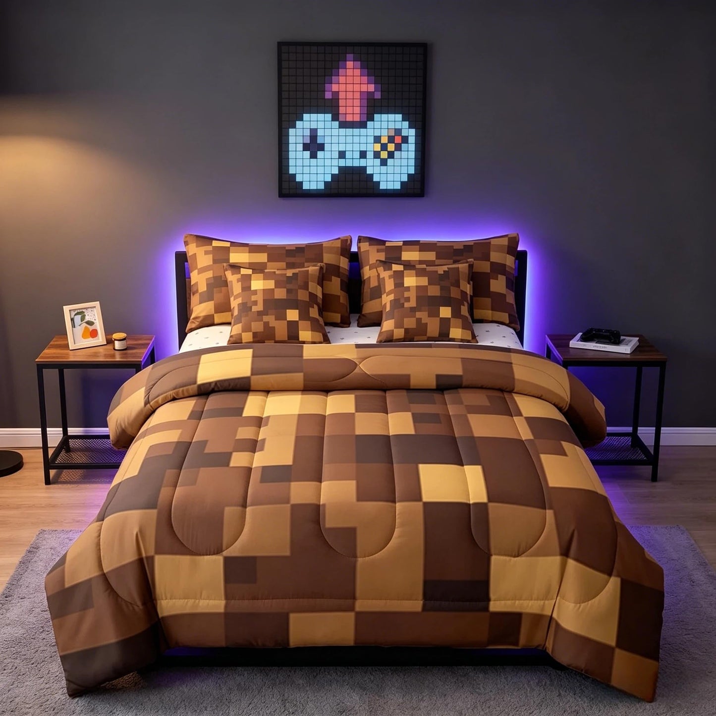 Feelyou Pixel Theme Comforter Set with Sheets 7 Piece Twin Size Geometric Square Bed in a Bag Kids Boys Girls Gamer Bedding Set Mosaic Bedroom Decor Brown Breathable Soft Lightweight Microfiber