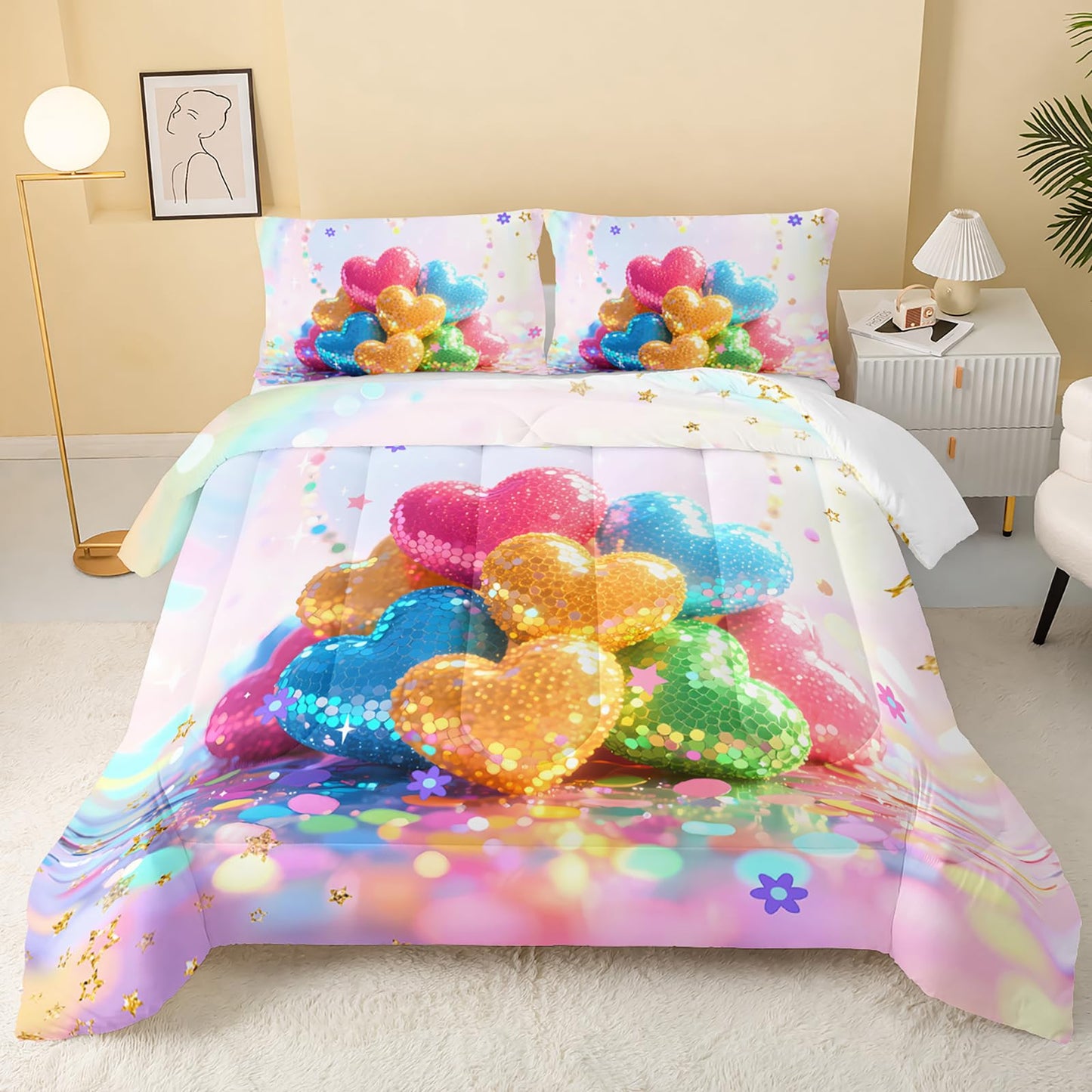 QOOMO Kawaii Heart Kids Comforter Set,Cute Rainbow Print Bedding Set Queen Size for Boys Girls Room Decoration,Pink Bed Set Microfiber Lightweight All Season,1 Comforter Set 2 Pillowcases