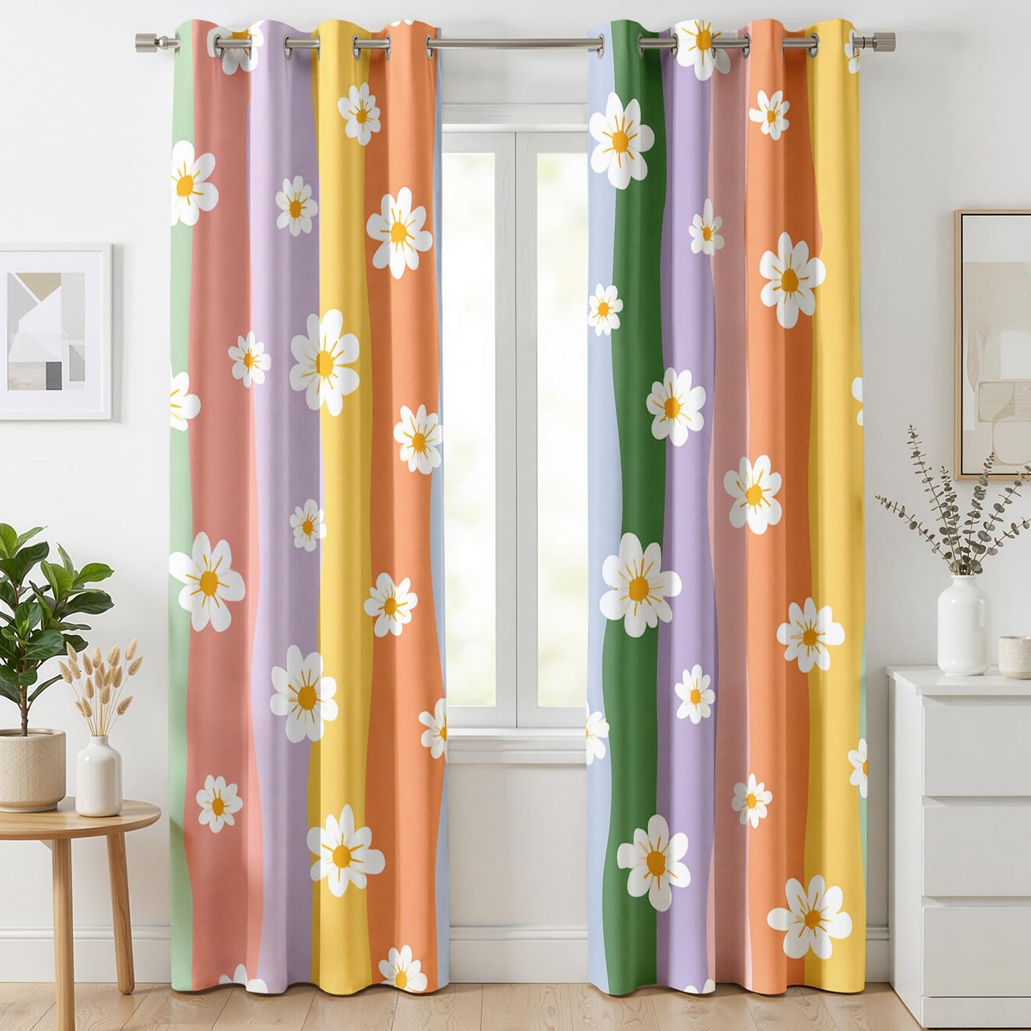 Mistwalk Retro 70s Daisy Blackout Curtains for Bedroom & Living Room, 63 Inch Curtains 2 Panel Set, Room Darkening Thermal Insulated Grommet Drapes, Girls Rainbow Floral Patterned Window Treatments
