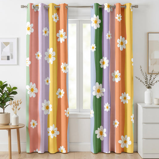 Mistwalk Retro 70s Daisy Blackout Curtains for Bedroom & Living Room, 63 Inch Curtains 2 Panel Set, Room Darkening Thermal Insulated Grommet Drapes, Girls Rainbow Floral Patterned Window Treatments