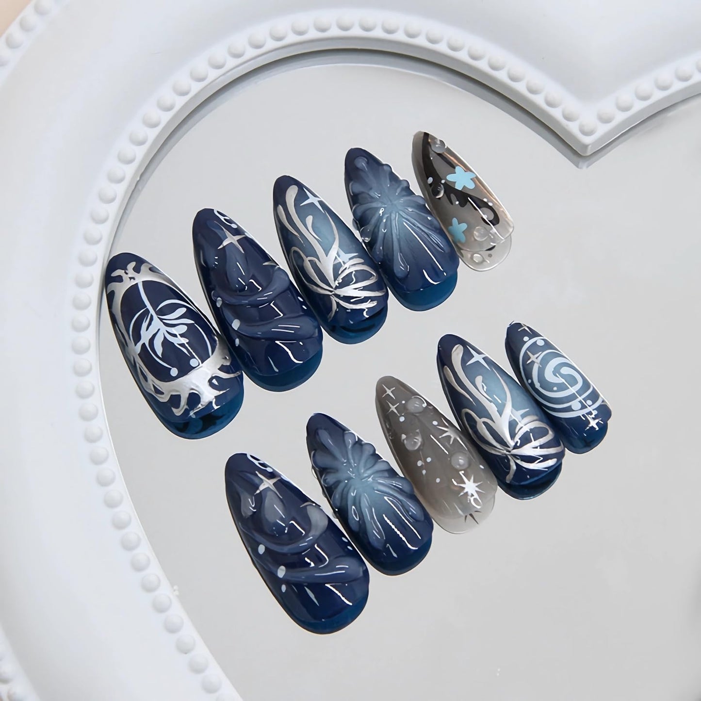 BABALAL Press on Nails Medium Almond Fake Nails Blue Goth Glue ons Silver Chrome Y2k Bow Swirl Design 3D Texture Handmade Supplies Art 24Pcs Glossy Gothic Acrylic Gel False Nails