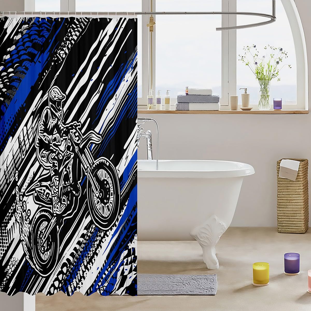 Feelyou Motorcycle Shower Curtain Blue Stripes Set Fabric Shower Curtain for Kids Boys Girls Dirt Bike Bathroom Waterproof Accessories with 12 Hooks Extreme Sports Theme Curtains,72x72 Inches
