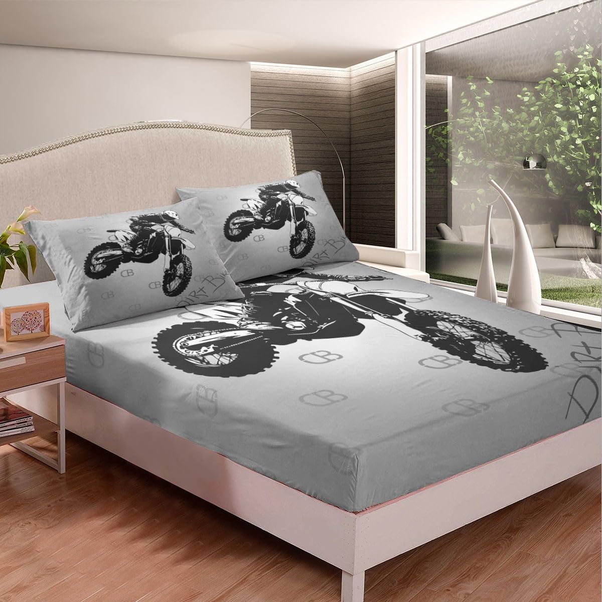Feelyou Extreme Sports Fitted Sheet Motocross Rider Bedding Set Motorcycle Pattern Design Bed Sheet Set for Boys Kids Room Decor Gray Dirt Bike Bed Cover Twin Size with 1 Pillow Case