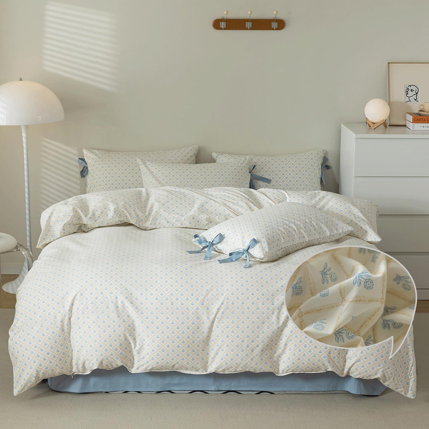 VM VOUGEMARKET Blue Flower Duvet Cover Queen with Plaid Grid Prints,100% Cotton Bedding Set,Aesthetic Comforter Cover for Girls Women 90x90 Inch