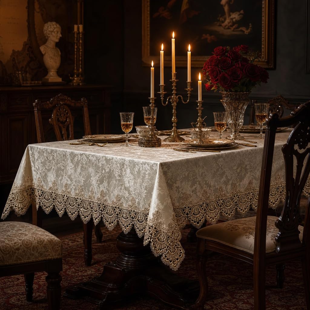 ARTABLE Lace Table Cloth Rectangle Traditional American Style Antique Flower Decor Macrame Luxury Victorian for Outdoor Farmhouse Rustic Kitchen Party Birthday Picnic (Light Brown, 52 x 70 Inch)