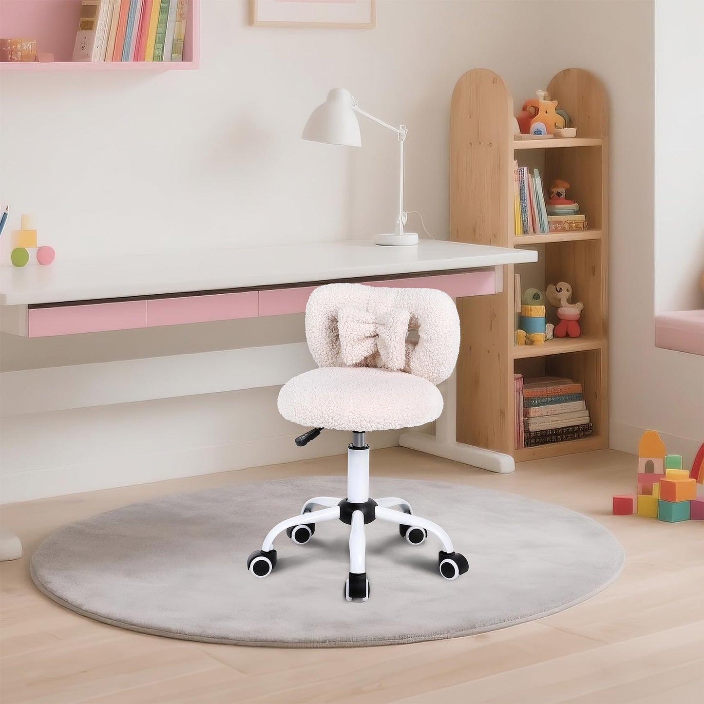 Ermnois Kids' Desk Chair with Bow Design, Cute Upholstered Swivel Chair with Wheels and Adjustable Height, Small Comfy Armless Chairs for Girls/Children (Cream)