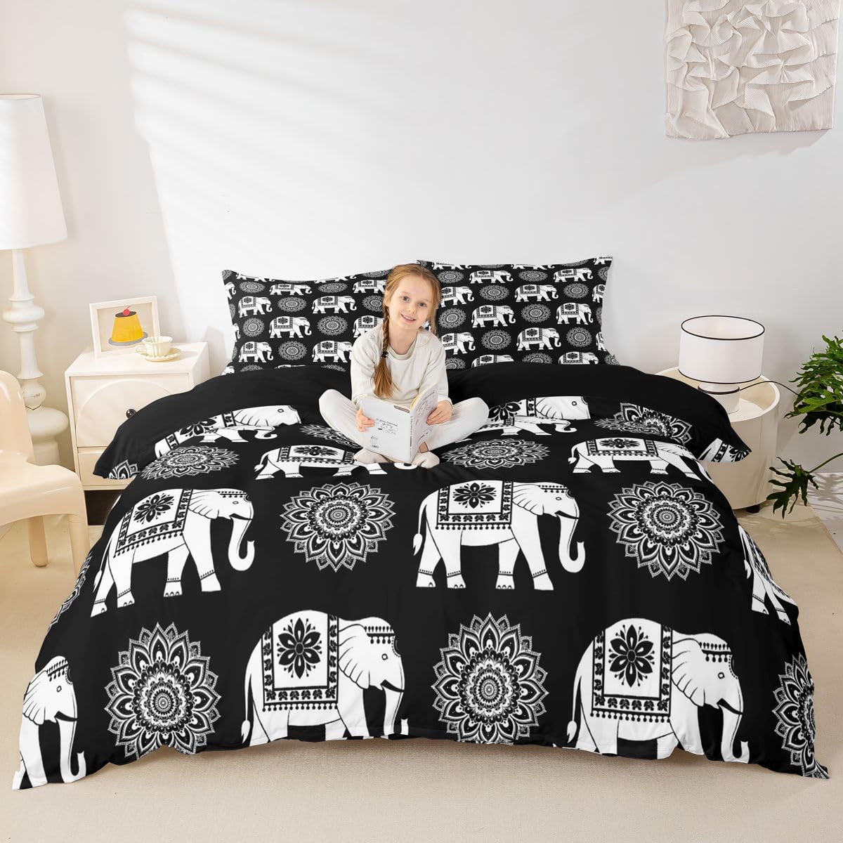 Erosebridal Elephant Bedding Set Twin Bohemian Floral Duvet Cover for Kids Teens Contemporary Aesthetic Comforter Cover Bohemian Cute Animal Bed Set