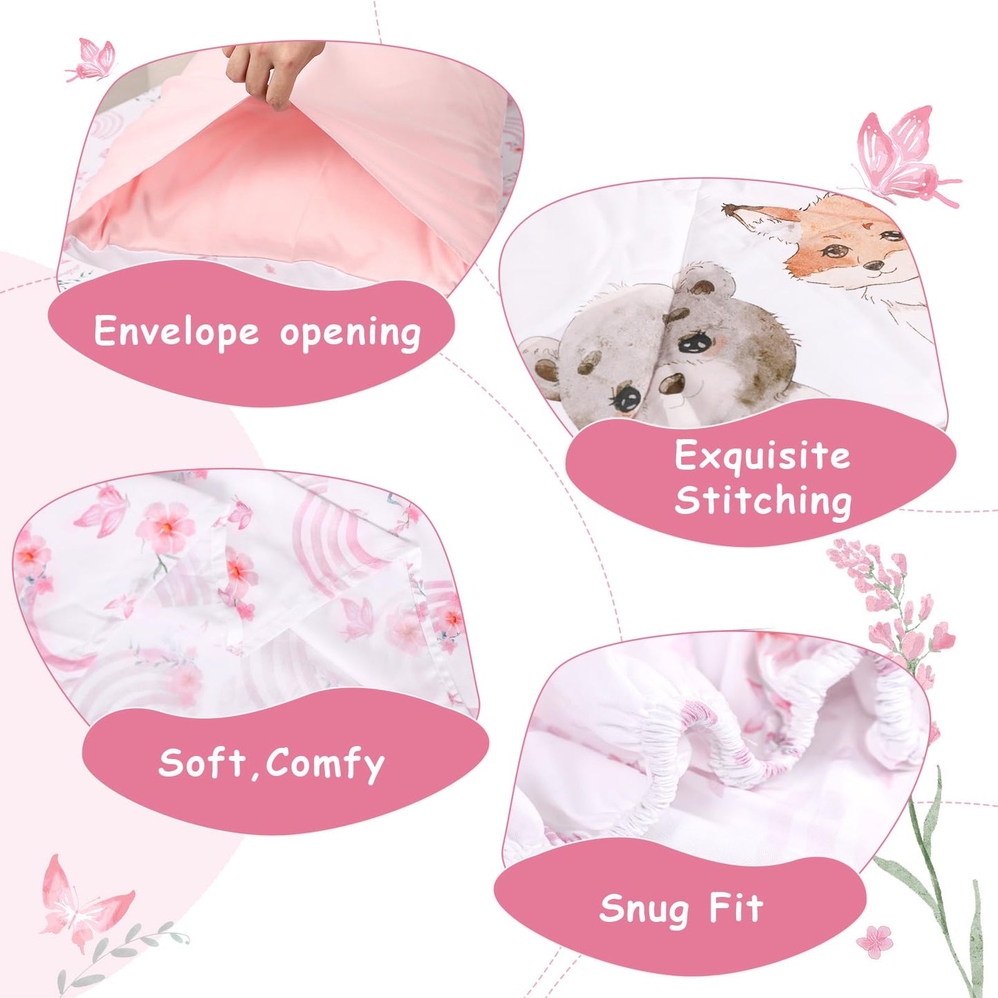 Hooyax Toddler Bedding Set for Girls - 4 Piece Rainbow Toddler Comforter Set Includes Fitted Sheet, Comforter, Pillowcase & Flat Sheet - Soft Comfort Microfiber for All Seasons