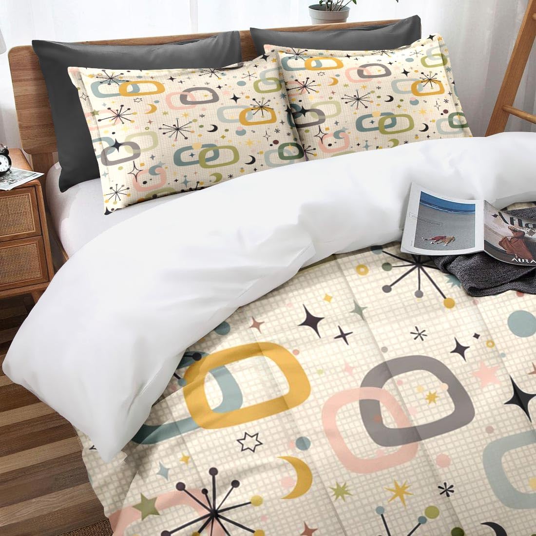 Nesphy Retro Mid Century King Comforter Set, Atomic Starburst Modern Bedding Set 3 Piece, All Season Soft Children Adults Bedroom Bed Decoration Comforter and 2 Pillow Shams