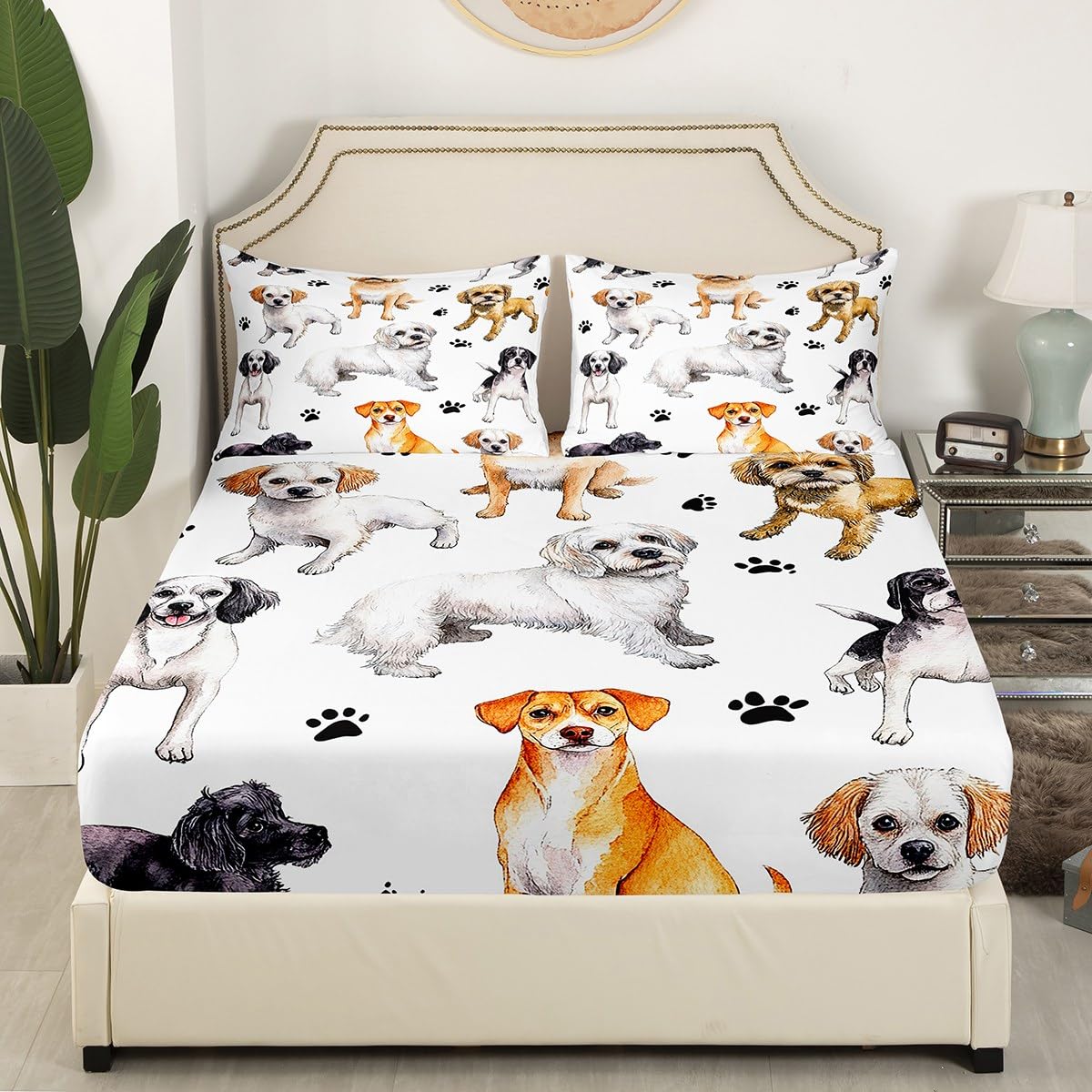 Feelyou Puppy Dog Bedding Set for Kids Boys Girls Lovely Dogs Print Fitted Sheet 3D Animal Pattern Bed Sheet Set Luxury Bed Cover,Room Decor 3Pcs Sheets Full Size