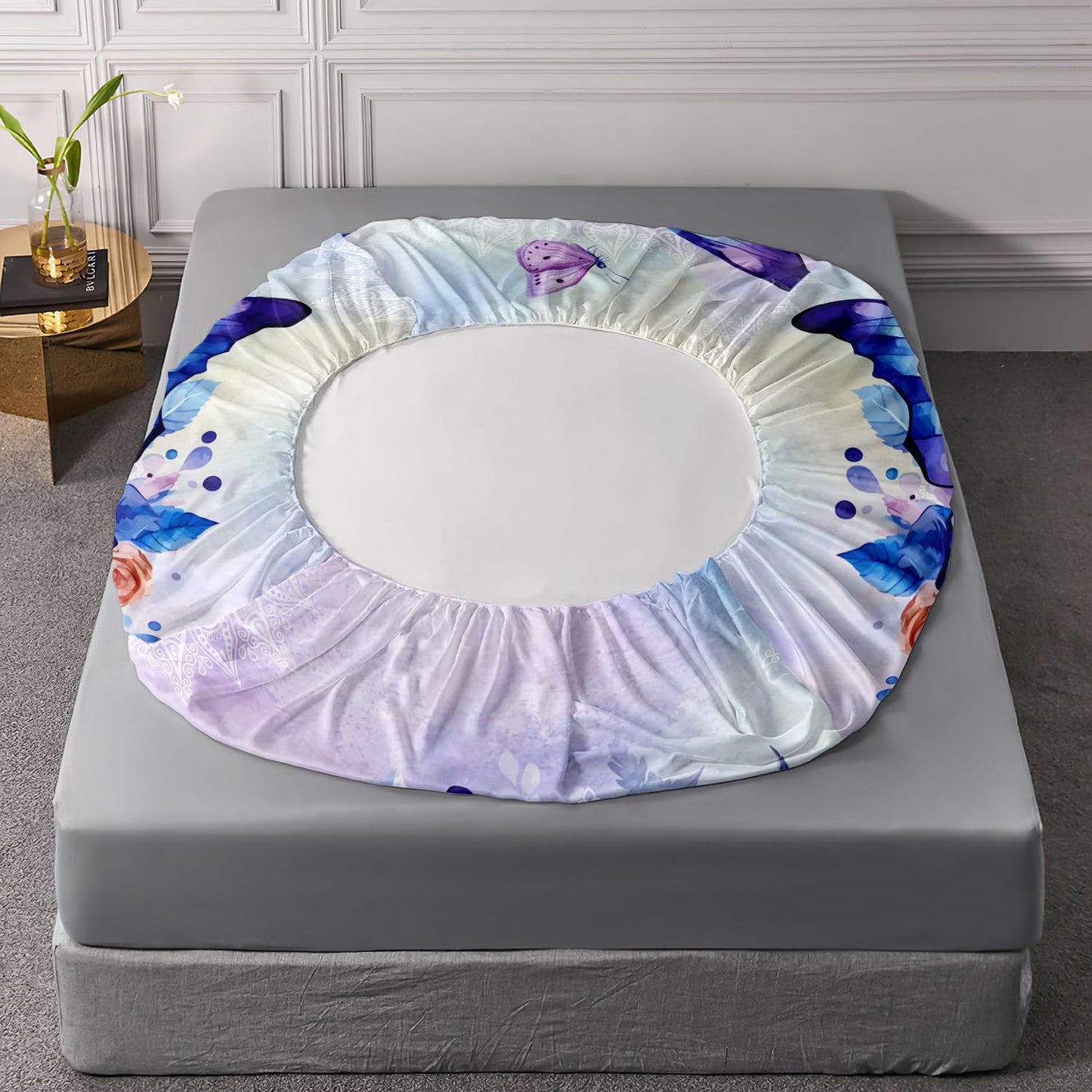 HOSIMA Floral Purple Butterfly Fitted Sheet-Soft Microfiber,Fantasy Butterfly Aesthetics Twin Fitted Sheet for Kids Girls Teens Women,Mandala Preppy Bedding 3Piece with 2 Pillow Shams.