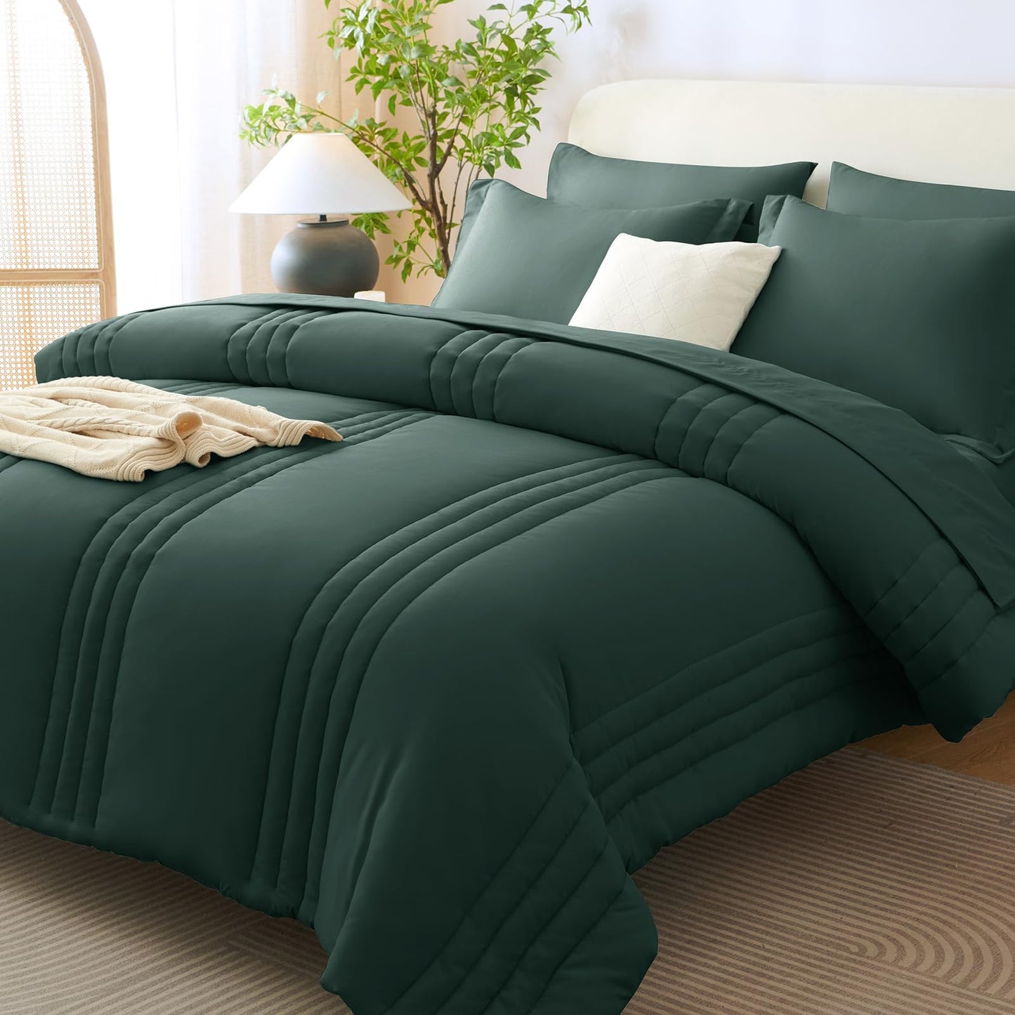 CozyLux Full Size Comforter Sets Forest Green - 7 Pieces Bed in a Bag, Modern Vertical Quilted Room Decor, Soft All-Season Bedding Gift with Comforter, Sheets, Pillowcases & Shams