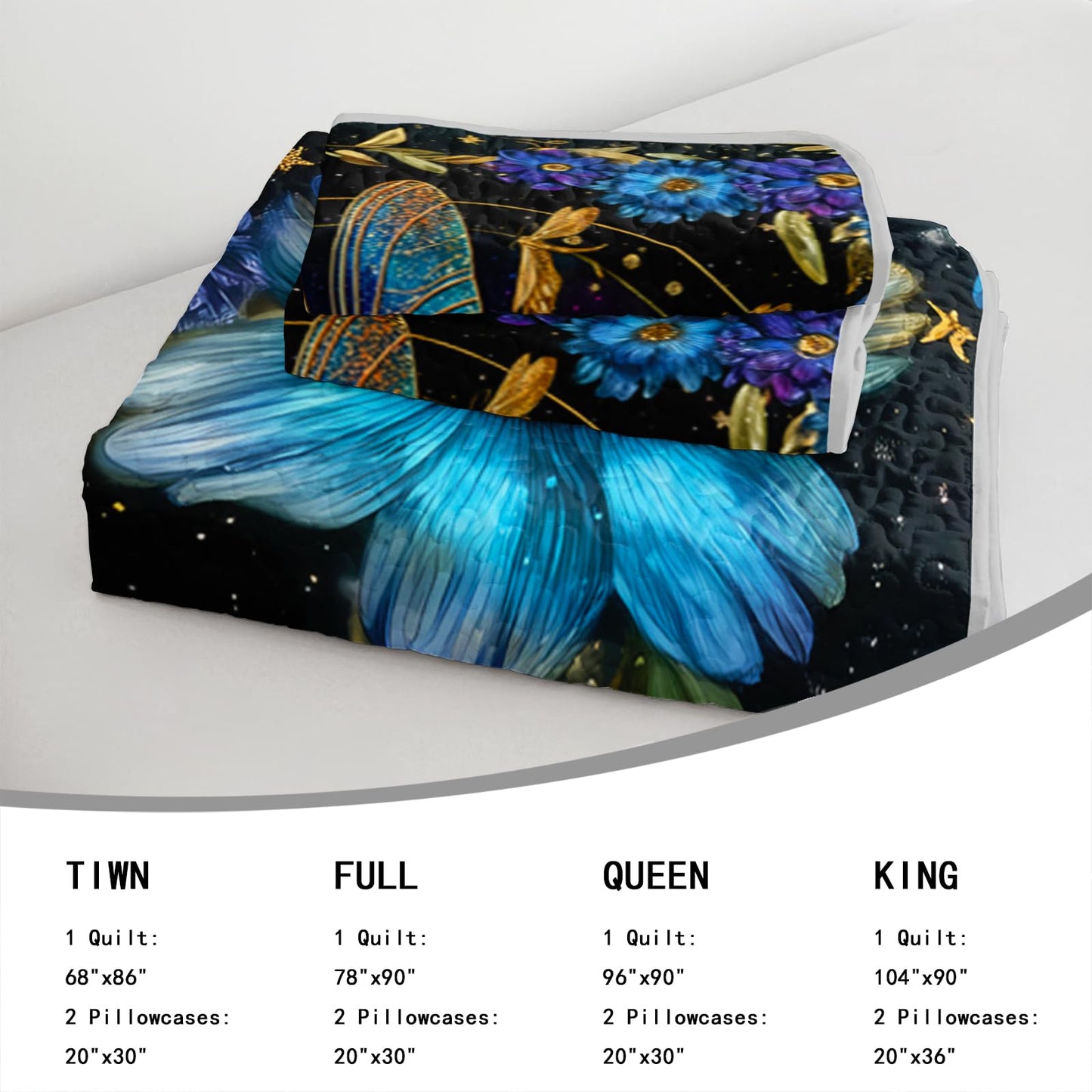 AILONEN Full Quilted Comforter Set 3 Piece, Teal Blue Dragonfly Bedspread Coverlet with 2 Pillowcases, Soft Elegant Gold Floral Quilted Bedding for Teens