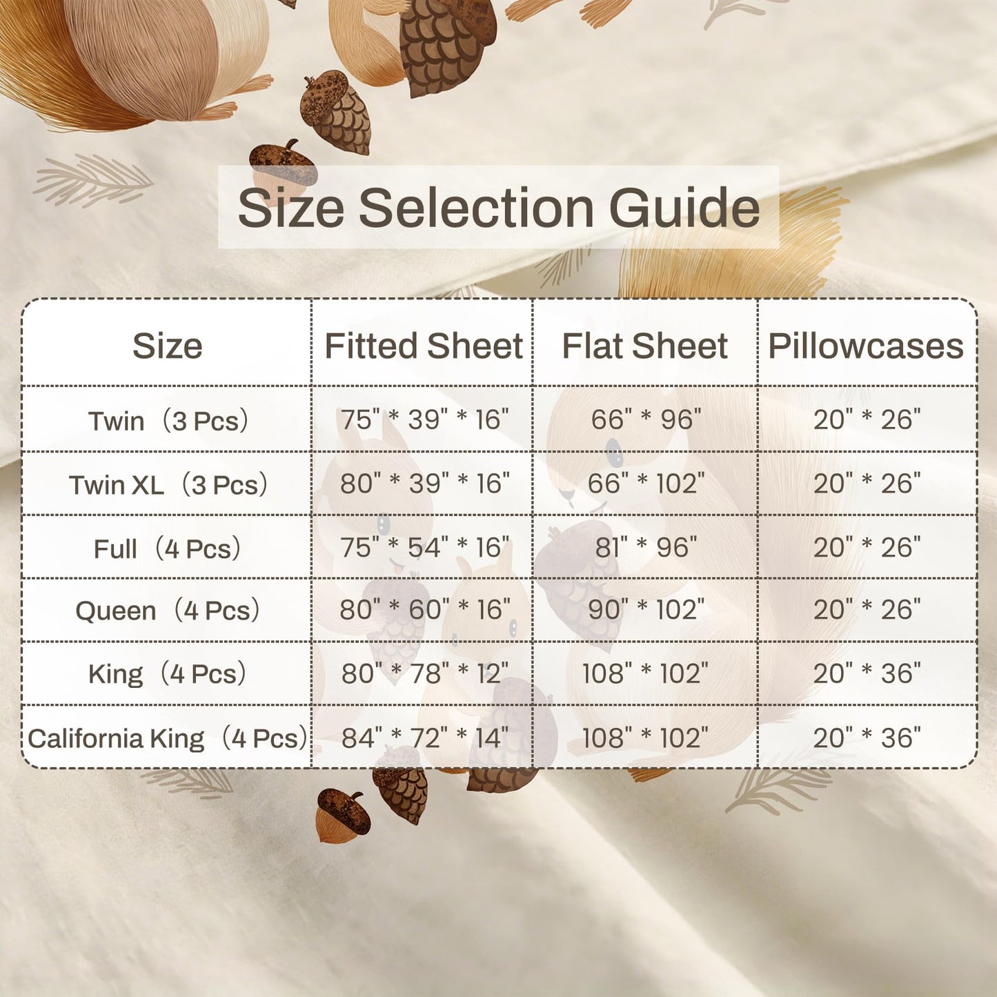 Squirrel Twin Bedding Set Cute Animal Sheet Sets, Beige Brown