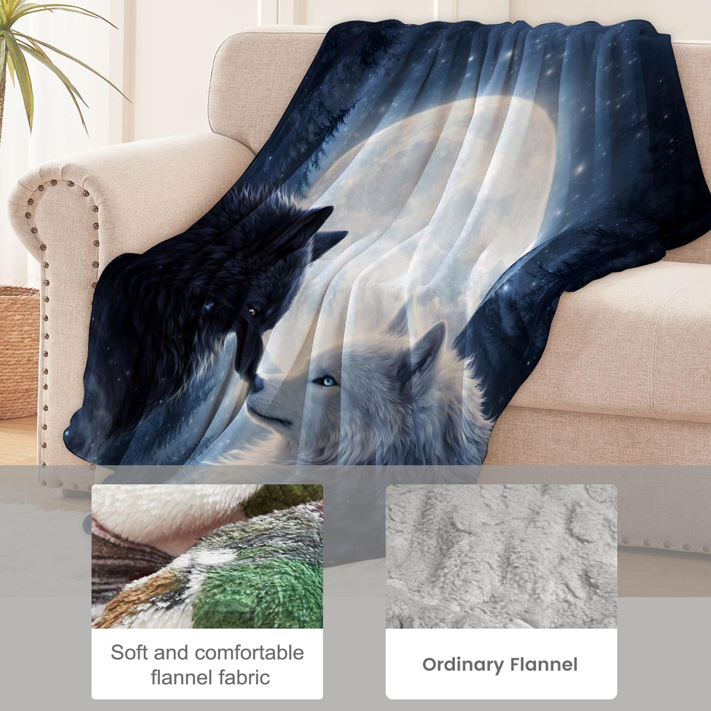 cromcu Wolf Blanket for Nature and Wildlife Lovers, Black and White Wolf Flannel Blankets, Northern Forest Art Gifts, Soft Warm Cozy Throws for Sofa Couch Bed Living Room Bedroom Home Decor 60" x 50"